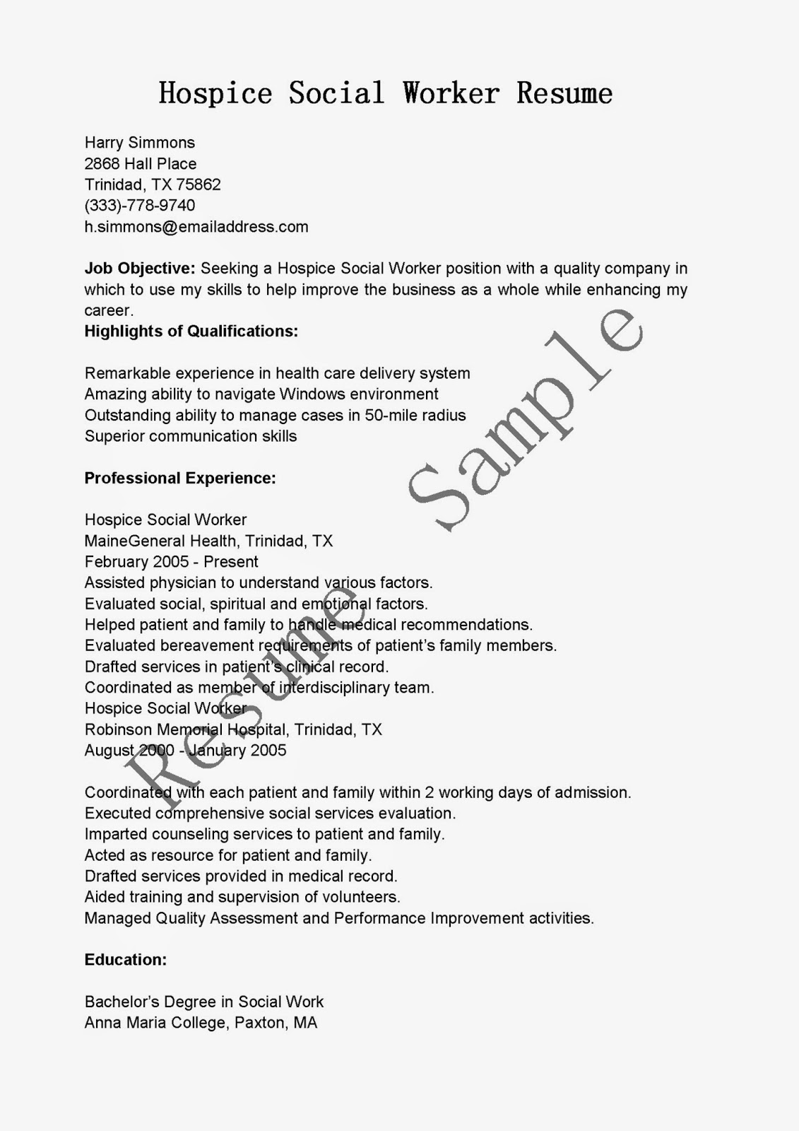 Sample resume for social service work
